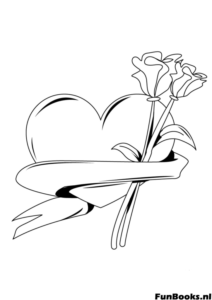 Cœur classique avec une seule rose et bannière ruban coloriage romantique pour la Saint-Valentin