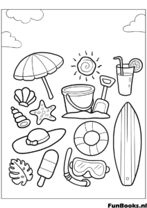 Colección de artículos de playa incluyendo sombrilla cubo tabla de surf y helado dibujo para colorear