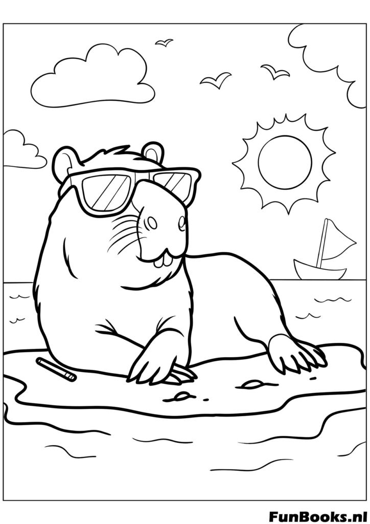 Cool capybara with sunglasses on a rock coloring page