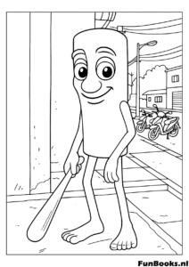 Cool personnage Tung Tung Sahur marchant dans la rue tenant son bâton coloriage