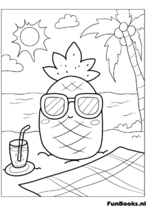 Lustige Ananasfrucht trägt Sonnenbrille und trinkt Saft Sommer Vibes Ausmalbild