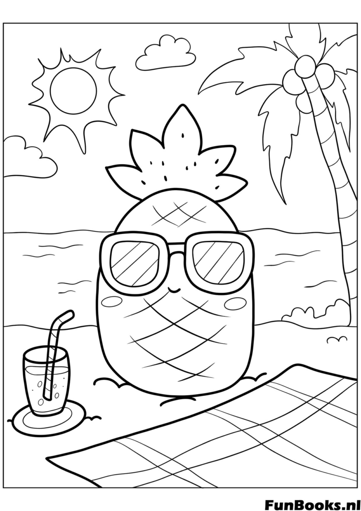 Lustige Ananasfrucht trägt Sonnenbrille und trinkt Saft Sommer Vibes Ausmalbild
