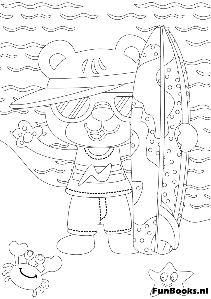 Cooler Tiger mit Sonnenbrille steht mit einem Surfbrett am Strand Sommer Ausmalbild