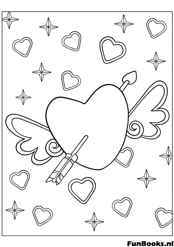 Corazón con alas de ángel atravesado por una flecha dibujo para colorear estilo tatuaje para niños mayores