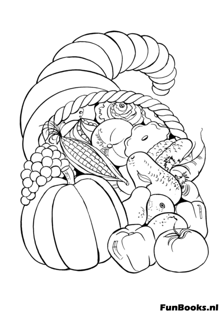 Cornucopia llena de frutas y verduras acción de gracias cosecha dibujo para colorear