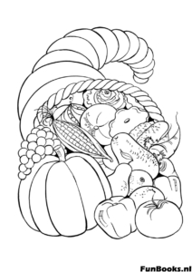 Cornucopia filled with fruits and vegetables thanksgiving harvest coloring page