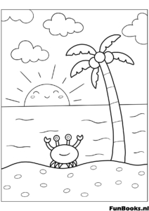 Funny crab walking on the beach at sunset with palm tree coloring page