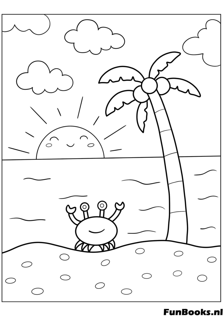Funny crab walking on the beach at sunset with palm tree coloring page