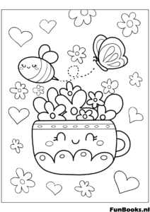 Cute cup filled with spring flowers and bees flying around kawaii coloring page