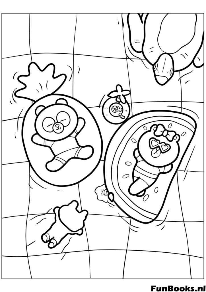 Cute bear and animals floating in a pool on inflatable rings summer fun coloring page