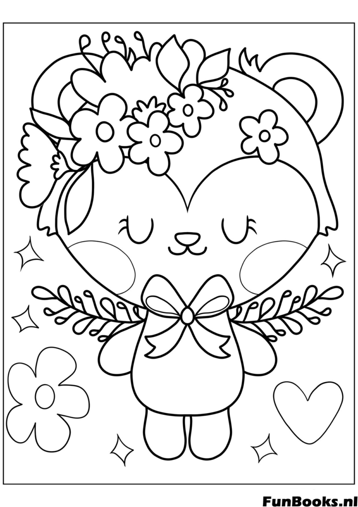 Adorable bear wearing a flower wreath on head holding a heart spring nature coloring page