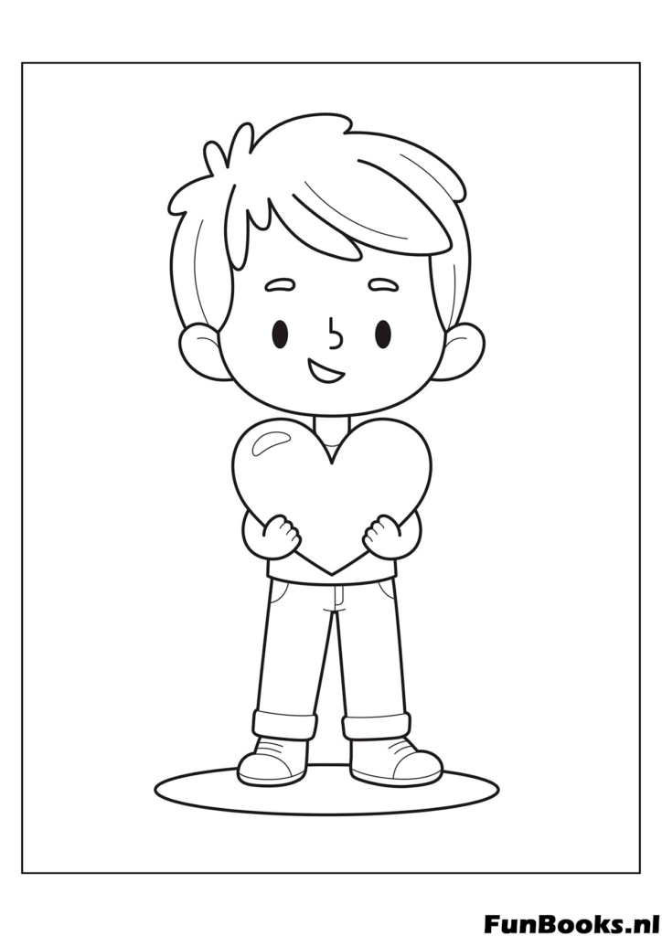 Little boy standing and holding a heart behind his back surprise gift coloring page for Valentine's Day