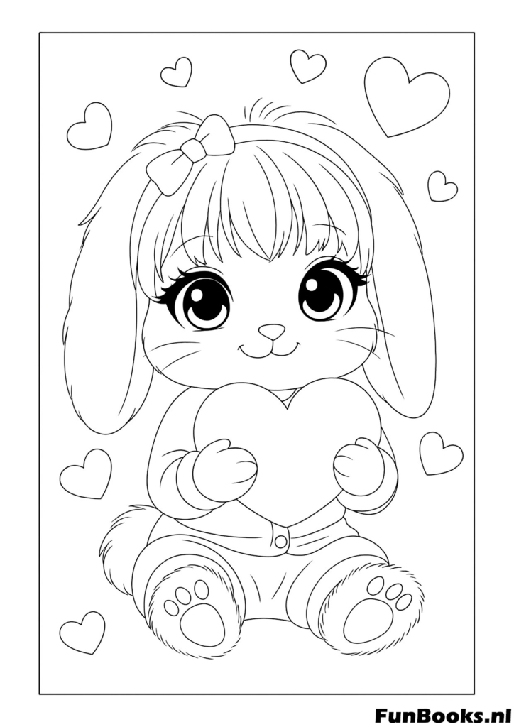 Fluffy bunny rabbit sitting and holding a heart Easter or Valentine coloring page for animal lovers