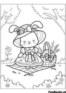 Cute bunny rabbit having a picnic with a basket in the forest spring coloring page