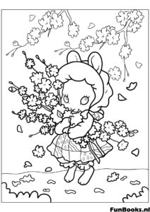 Sweet girl holding a large bouquet of flowers surrounded by butterflies coloring page