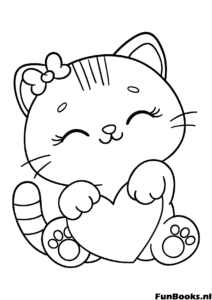 Sweet kitten sitting and holding a big heart paws kawaii coloring page for cat lovers