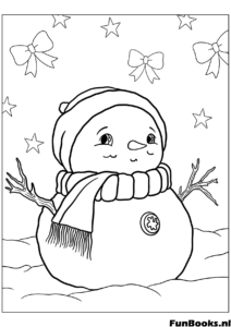 Close up portrait of a cute snowman wearing a hat and scarf smiling face coloring page