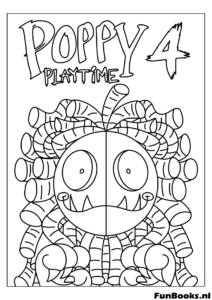 Chibi style Yarnaby character sitting under the Poppy Playtime 4 logo coloring page