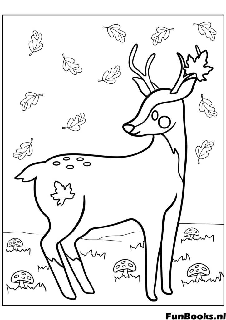 Majestic deer buck standing in a forest landscape with falling leaves coloring page