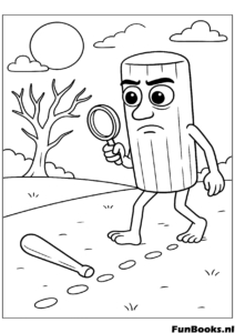 Detective Tung Tung Sahur looking for clues with a magnifying glass footprint trail coloring page