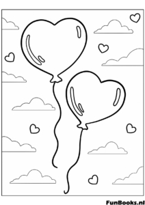 Dessin simple de deux ballons cœur flottant dans le ciel avec des nuages coloriage facile pour tout-petits