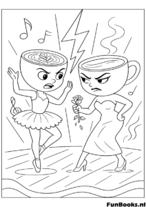 Energético personaje Capuchino bailando en un escenario con notas musicales y luces dibujo para colorear