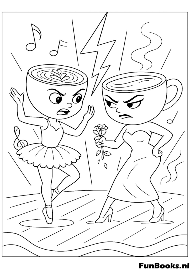 Energético personaje Capuchino bailando en un escenario con notas musicales y luces dibujo para colorear