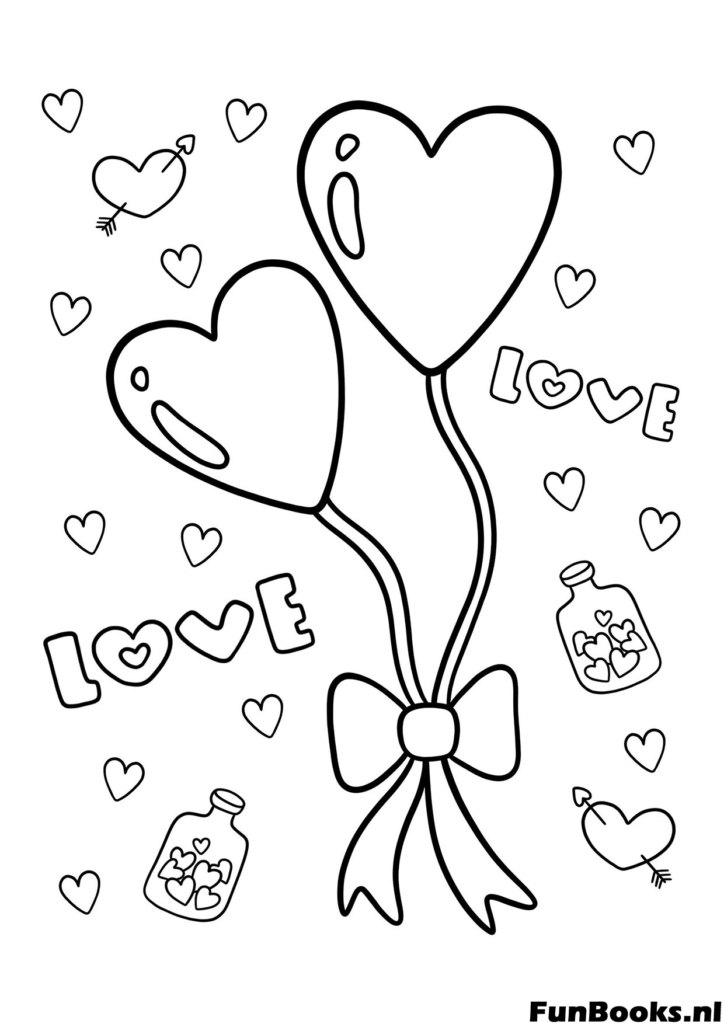 Fun doodle style heart balloons with the word LOVE cute coloring page for teens