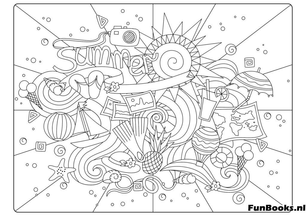 Abstrakte Doodle Kunst mit Sommerthemen Wellen und Sonne kreatives Ausmalbild