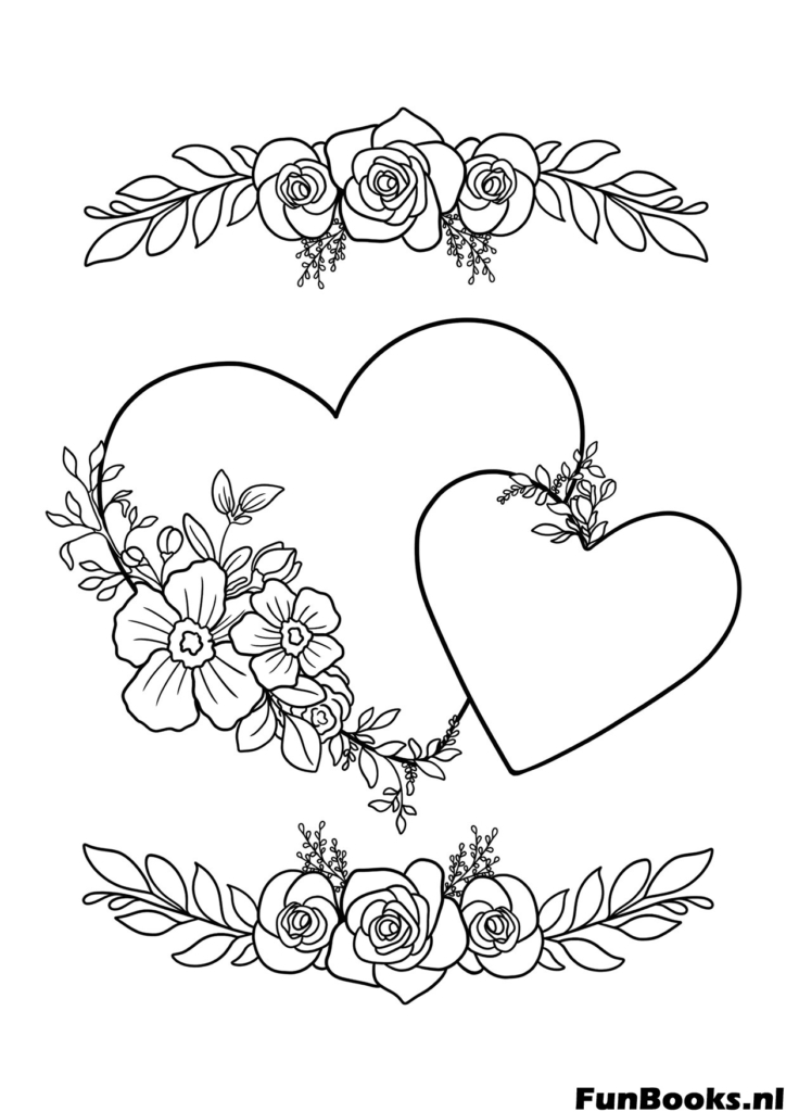 Dos corazones entrelazados con rosas y hojas dibujo para colorear romántico para invitaciones de boda