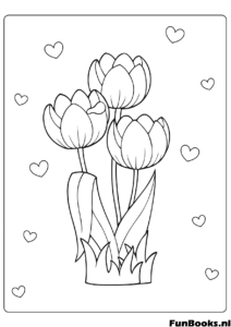 Drei hohe Tulpenblumen wachsen im Gras einfaches Frühling Ausmalbild