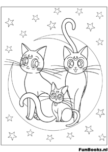 De drie maankatten Luna Artemis en Diana zitten samen op een halve maan kleurplaat