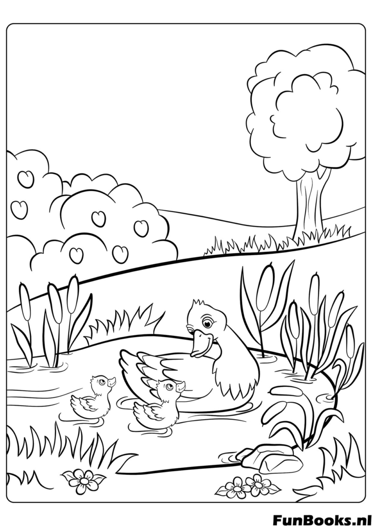 Mother duck and ducklings swimming in a pond with trees spring landscape coloring page