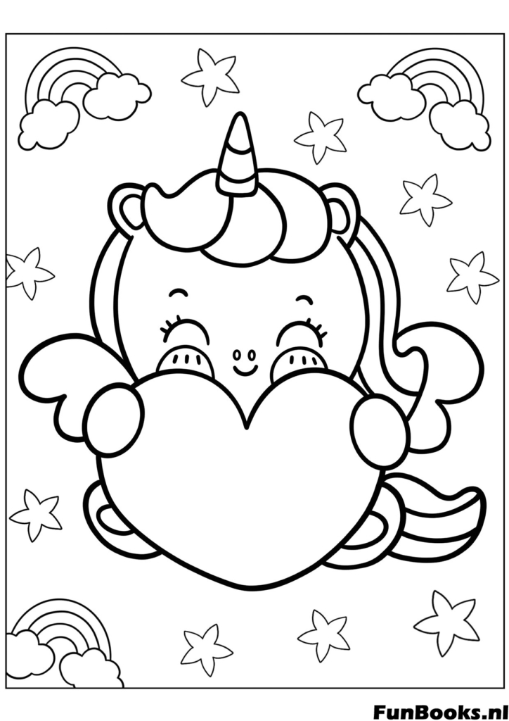 Magische eenhoorn zit en houdt een liefdeshart vast kawaii stijl kleurplaat voor verjaardagskaarten