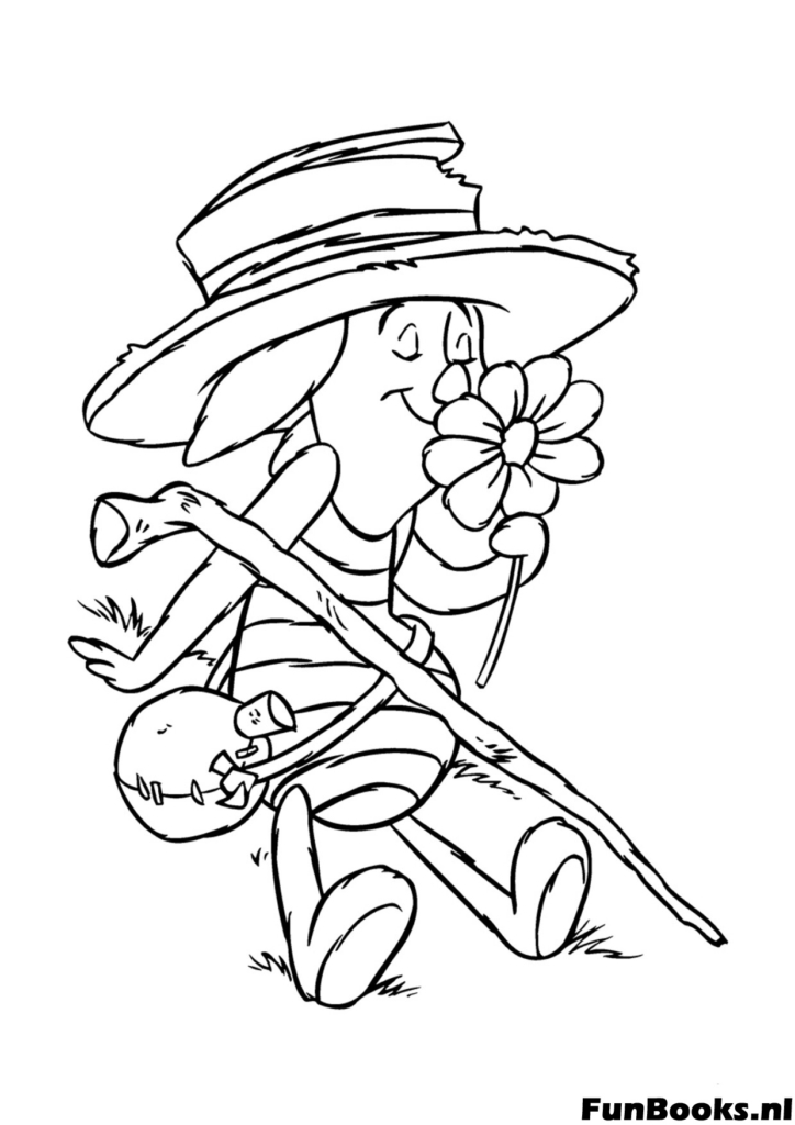 Sad Eeyore walking away with a stick and bundle on his tail looking back coloring page