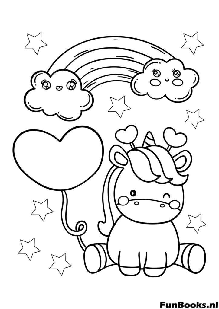 Süßes Einhorn sitzt mit einem Ballon unter einem Regenbogen und Wolken Ausmalbild für Mädchen