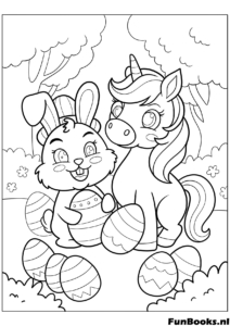Einhorn und Häschen sitzen zusammen mit Ostereiern Frühling Ausmalbild