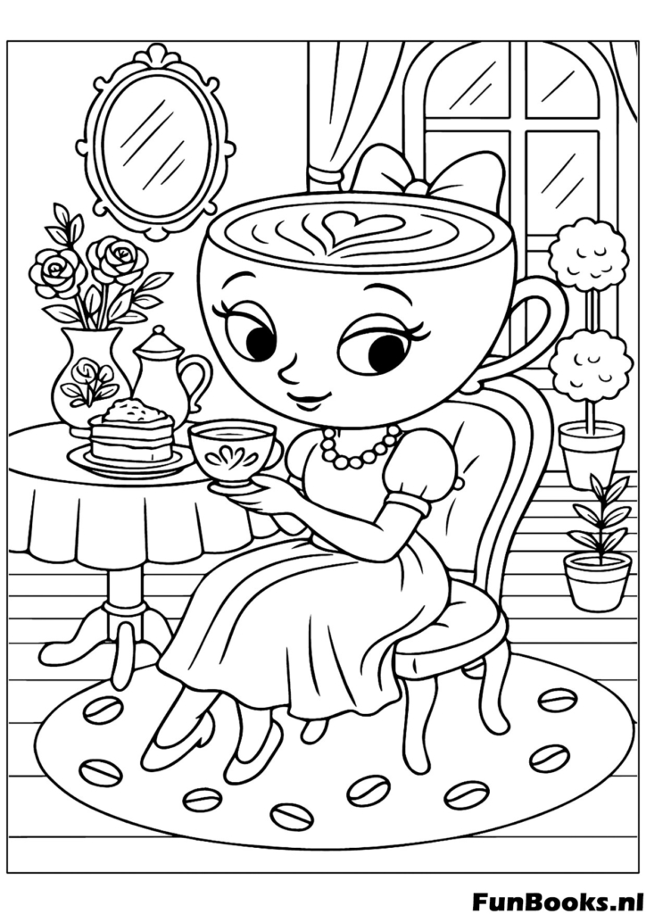 Elegante dama Capuchino sentada en una mesa bebiendo té con pasteles dibujo para colorear