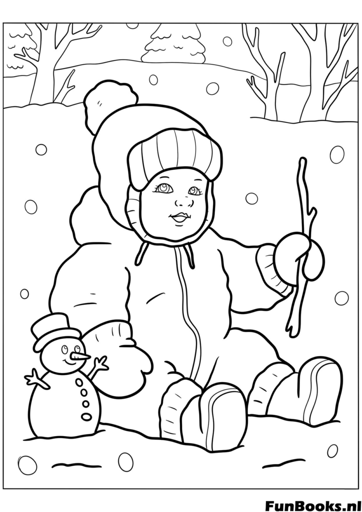 Mignon petit enfant assis dans la neige tenant un bâton portant des vêtements d'hiver chauds coloriage