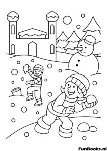 Enfants faisant une bataille de boules de neige derrière un fort de neige jeu de combat d'hiver coloriage