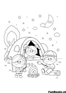 Enfants assis près d'un feu de camp près d'une tente la nuit camping coloriage