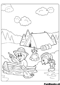 Garçon et fille campant dans une tente dans la forêt grillant des guimauves coloriage