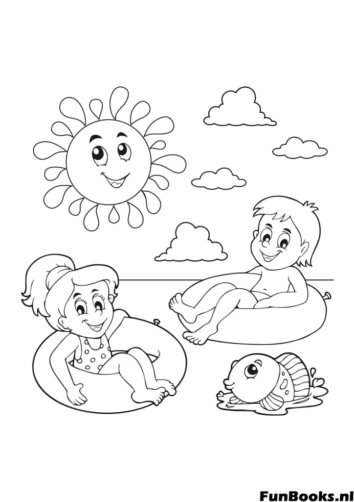 Enfants nageant et flottant dans une piscine avec des bouées gonflables coloriage