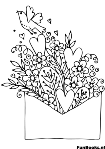 Envelope bursting with hearts flowers and a dove love letter coloring page