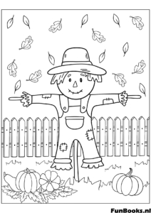 Amical épouvantail debout près d'une clôture en bois avec des citrouilles jardin coloriage