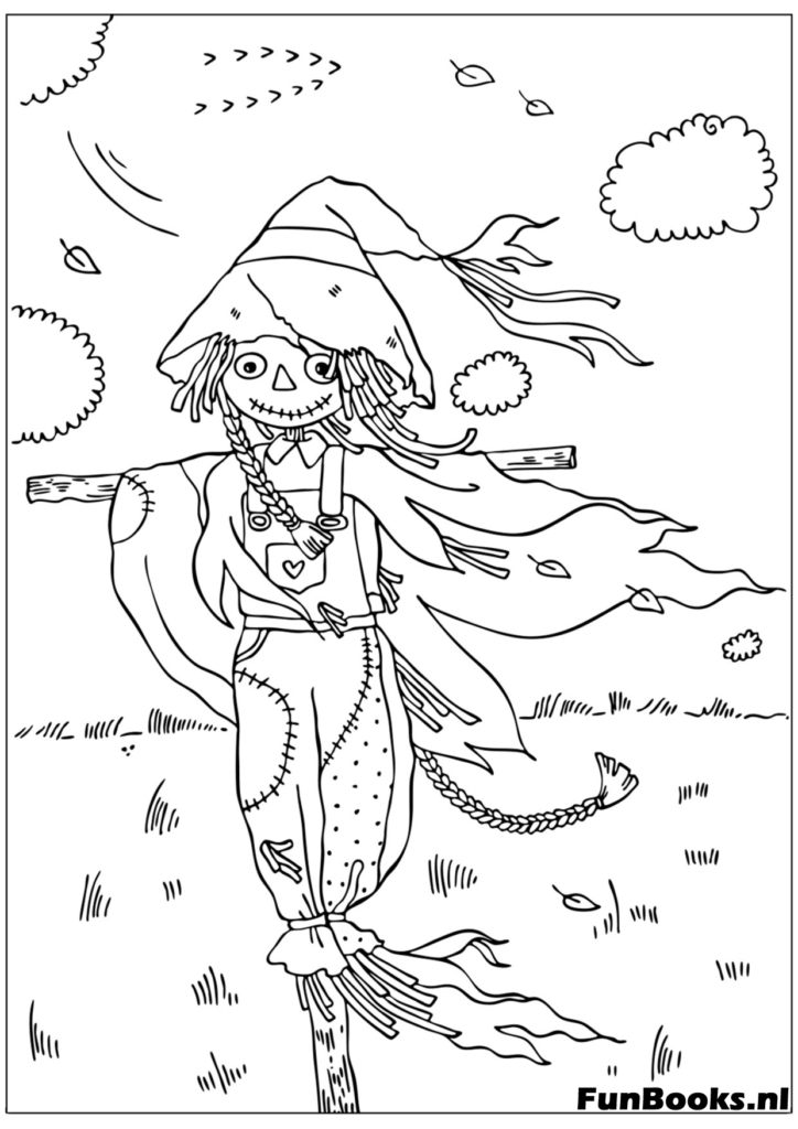 Épouvantail debout dans le champ par une journée venteuse d'automne coloriage détaillé