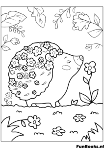 Lindo erizo caminando en un campo de flores de primavera y hojas dibujo para colorear