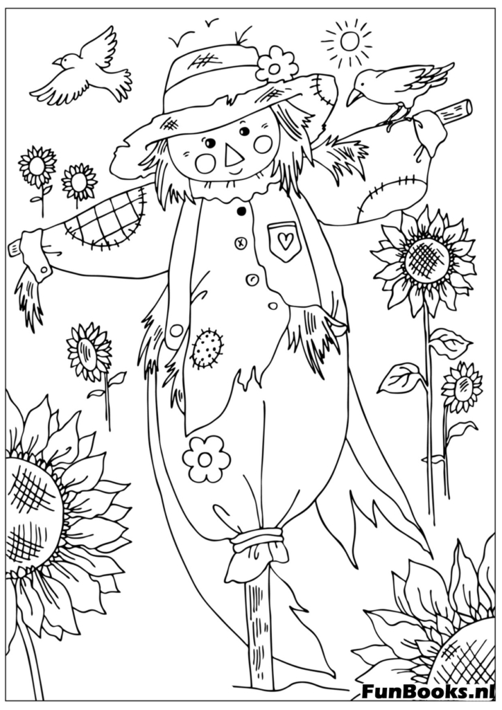 Espantapájaros feliz rodeado de altos girasoles escena de jardín dibujo para colorear