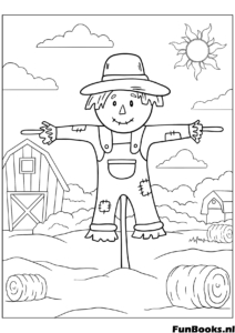 Gracioso espantapájaros de pie en un campo de granja con fardos de heno y sol escena de otoño dibujo para colorear