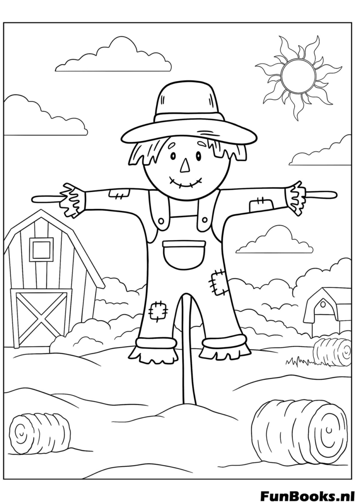 Gracioso espantapájaros de pie en un campo de granja con fardos de heno y sol escena de otoño dibujo para colorear